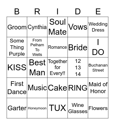 Tarrence & Cynthia Wedding 12-13-14 Bingo Card