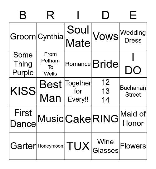 Tarrence & Cynthia Wedding 12-13-14 Bingo Card