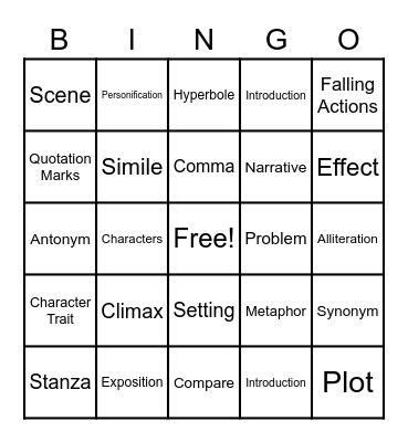 Language Arts Bingo Card
