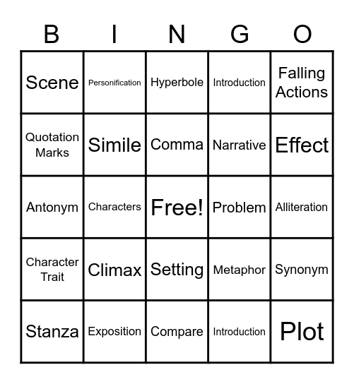 Language Arts Bingo Card