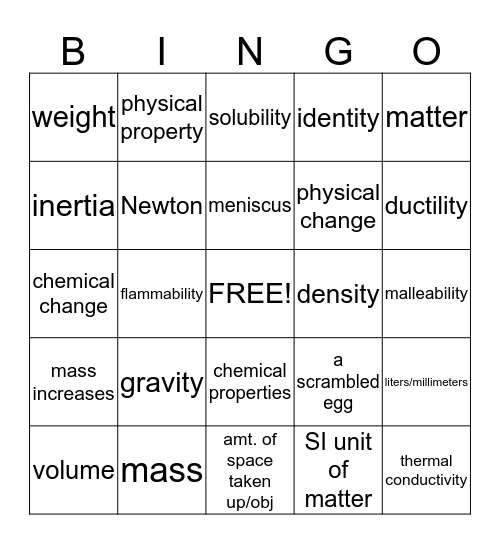 Physical Science Chapter Review Bingo Card