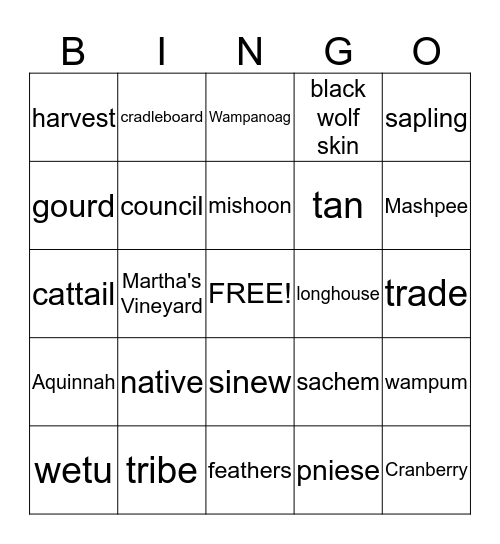 Native American Bingo Card