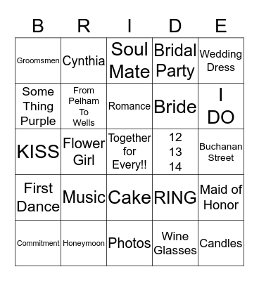 Tarrence & Cynthia Wedding 12-13-14 Bingo Card