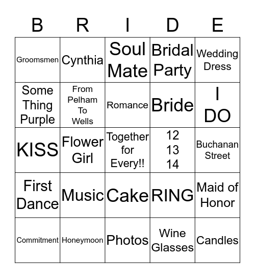 Tarrence & Cynthia Wedding 12-13-14 Bingo Card