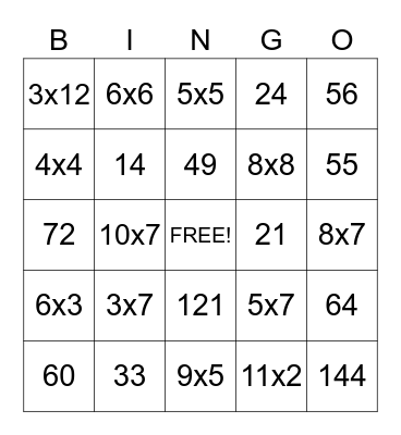 Multiplication Facts Bingo Card