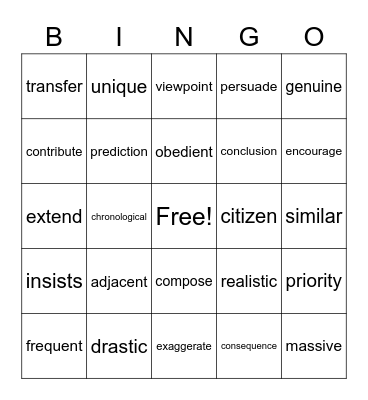 Vocabulary Bingo Card