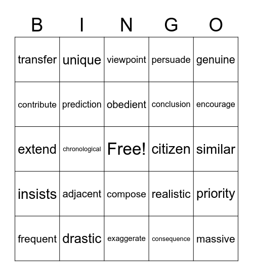 Vocabulary Bingo Card