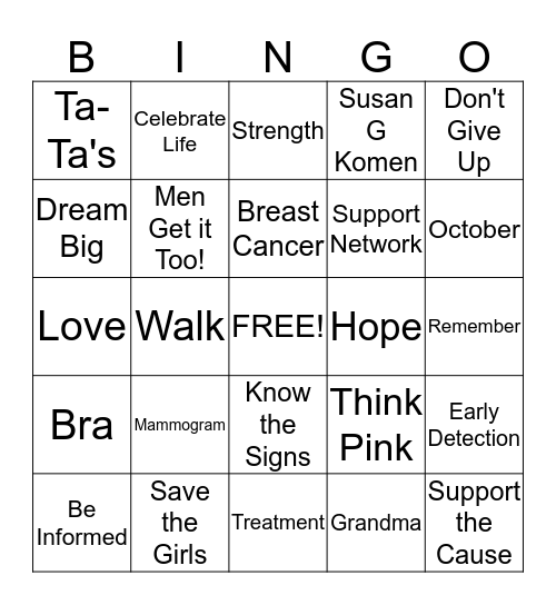 Think Pink Bingo Card