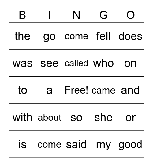 Irregular Words Bingo Card
