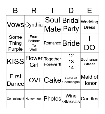 Tarrence & Cynthia Wedding 12-13-14 Bingo Card