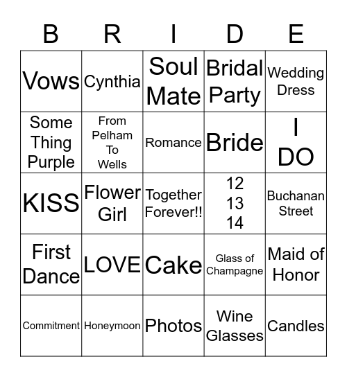 Tarrence & Cynthia Wedding 12-13-14 Bingo Card