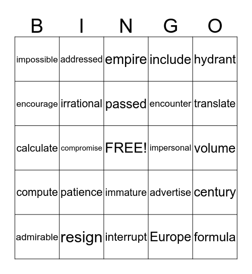 4th Grade Word Bingo Card