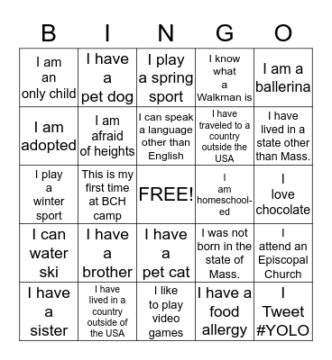 Getting to Know You Bingo Card