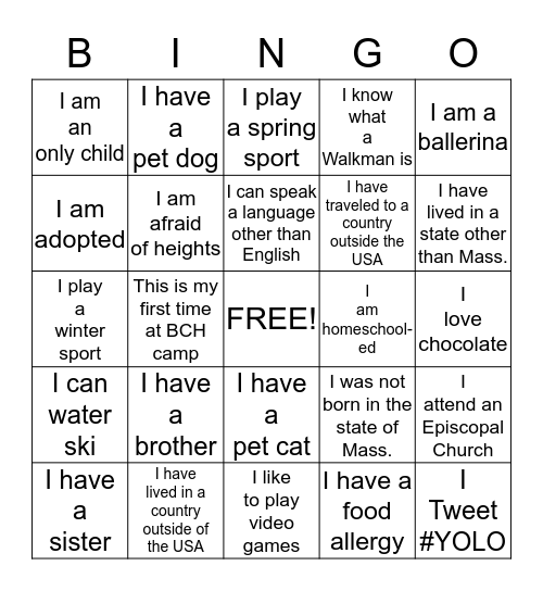 Getting to Know You Bingo Card