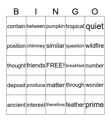 4th Grade Word  Bingo Card