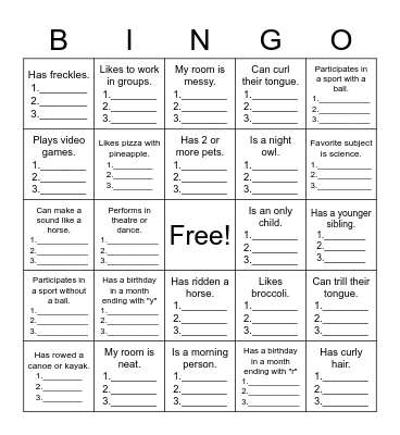 Getting to Know Your Fellow Students Bingo Card