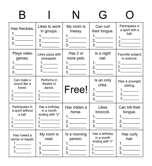 Getting to Know Your Fellow Students Bingo Card