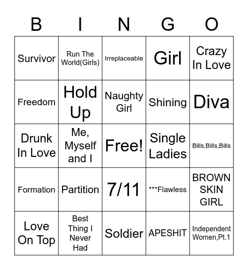Beyonce BBS Bingo Card