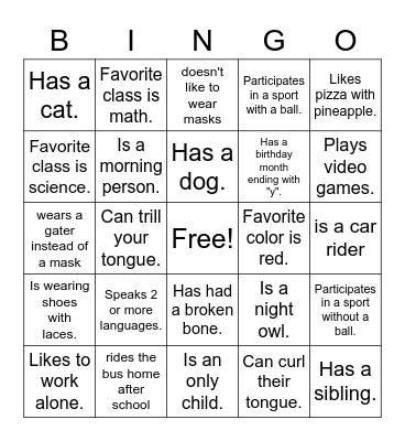 Getting to Know You- Classmates online Bingo Card