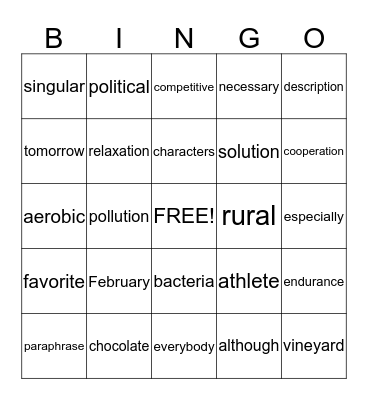 5th Grade Word Bingo Card