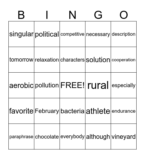 5th Grade Word Bingo Card