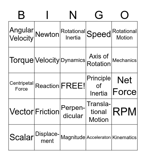 Physics Vocabulary Bingo Card