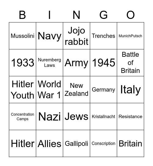 y9 Bingo Card