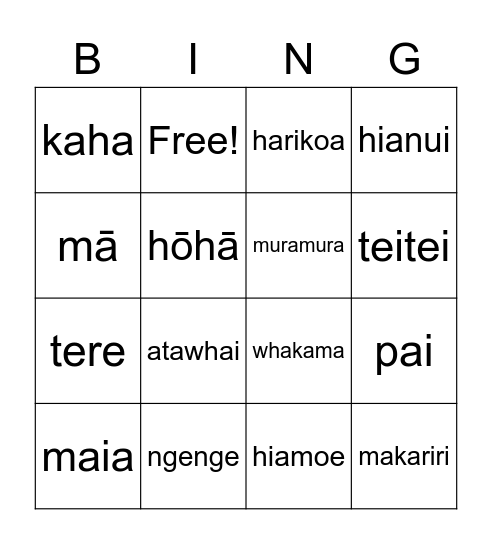 Kupu Bingo Card