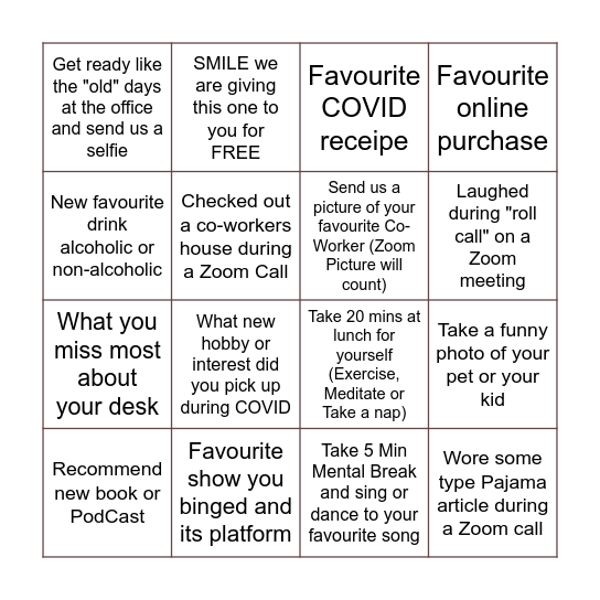 Get to know your COVID Co-Workers Bingo Card