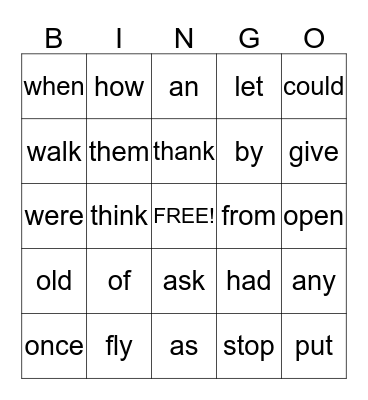SIGHT WORD BINGO Card