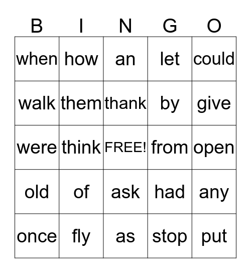 SIGHT WORD BINGO Card