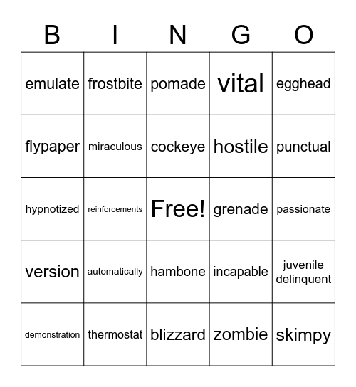 Section 1 Vocabulary Bingo Card