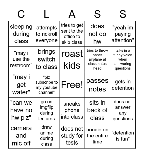 sneaking out of class bingo Card