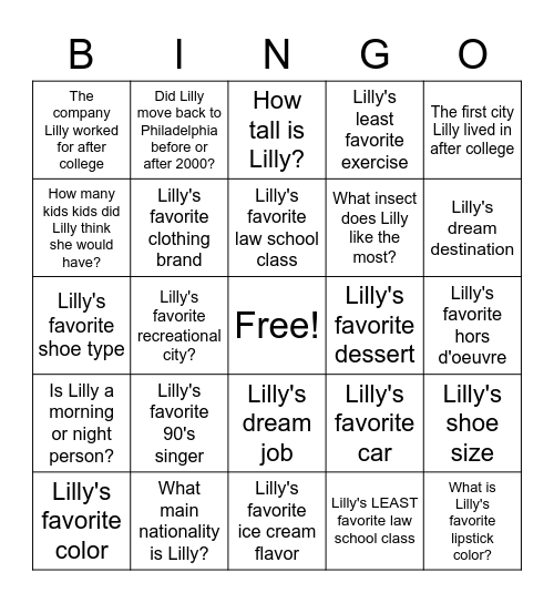 Lilly's Birthday Bingo Card