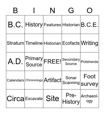 6th Grade Archaeology Study Guide Bingo Card