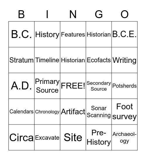 6th Grade Archaeology Study Guide Bingo Card