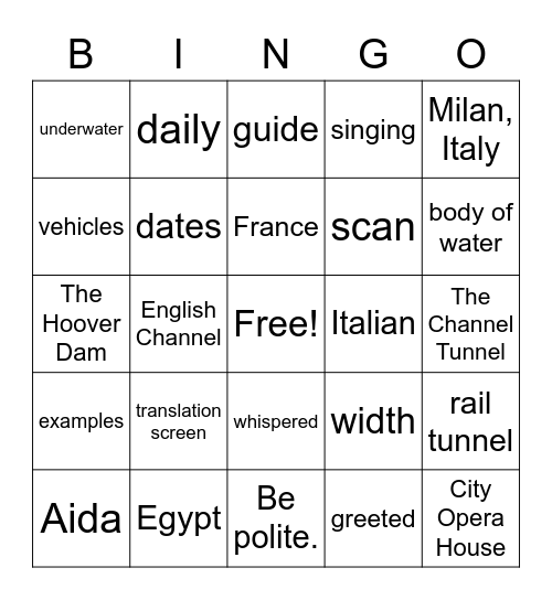 An Afternoon at the Opera & Engineering Projects Bingo Card
