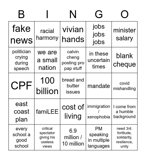 SG elections Bingo Card