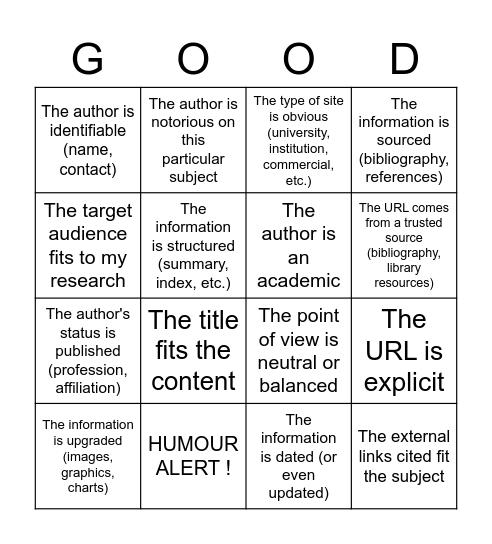 Evaluate Information Bingo Card