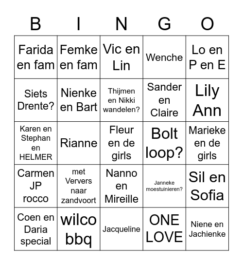 Friends en fam Bingo Card
