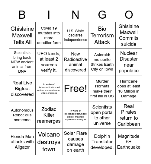 July Apocalypse Bingo Card