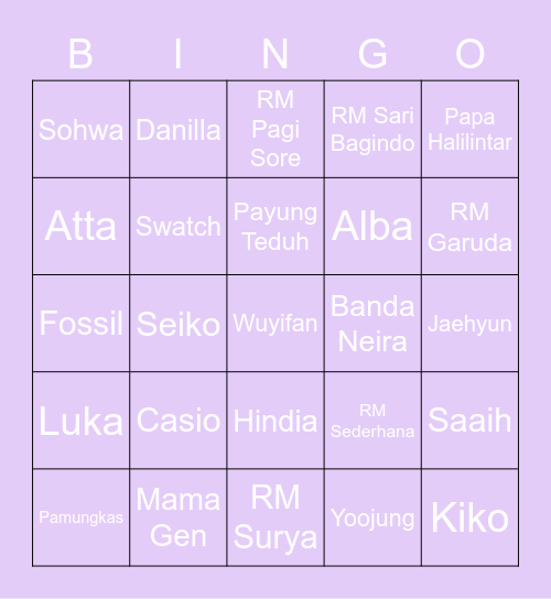 Punya Yoojung Bingo Card