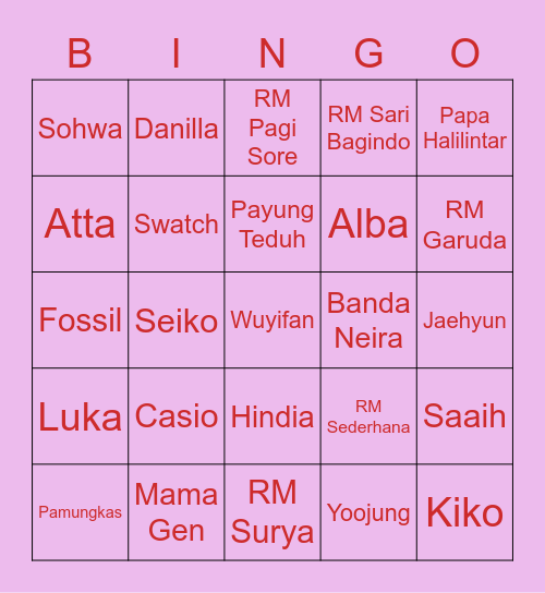 Punya Yoojung Bingo Card