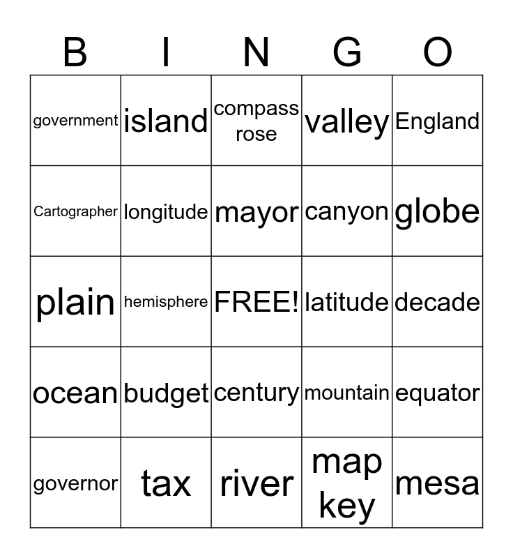 Social Studies Bingo Card