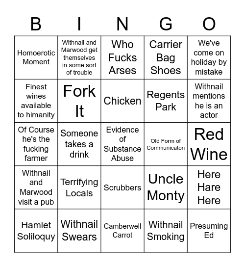 Withnail and I Bingo Card