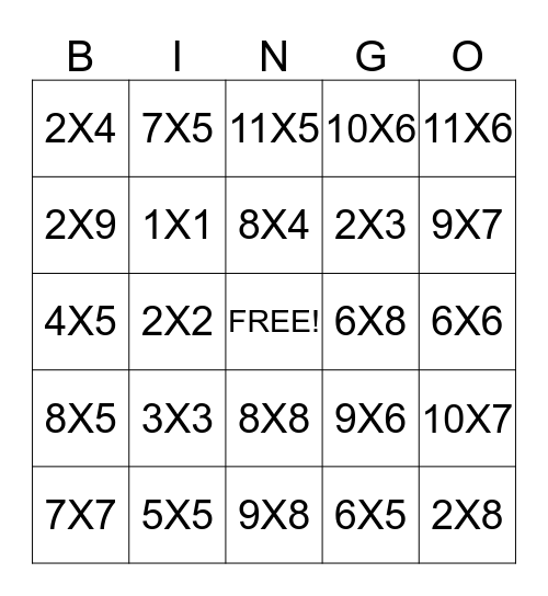 Multiplication Bingo Card