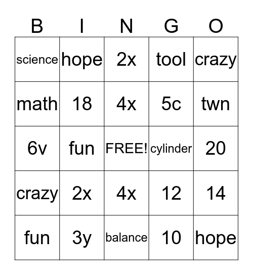 Equations Bingo Card