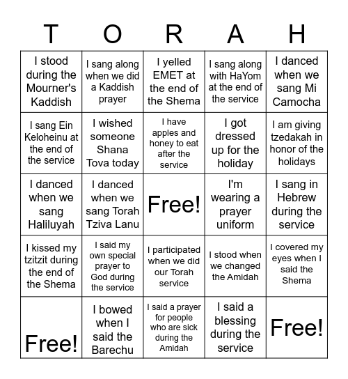 High Holy Day Bingo Card