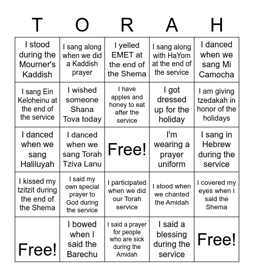 High Holy Day Bingo Card