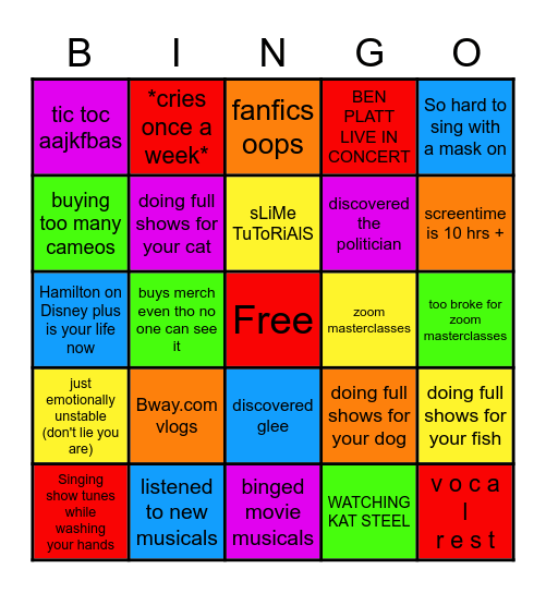 Theatre kid in quarantine bingo Card